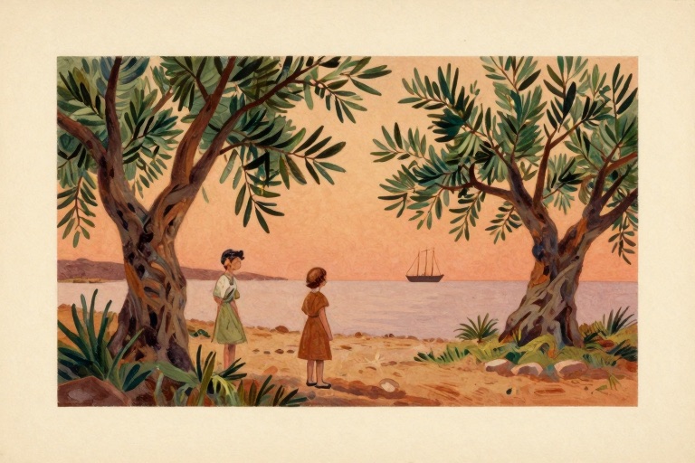 Twin children on an ancient Greek shore among olive trees, a ship on the horizon.