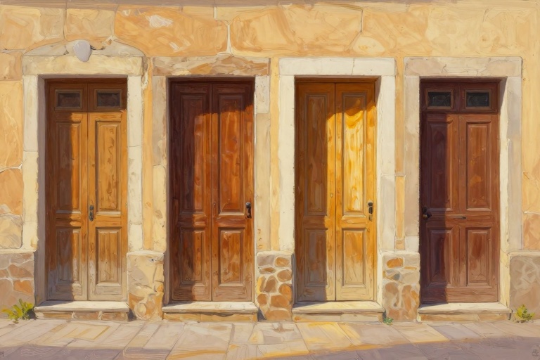 A row of old wooden doors of different styles set into a sunlit wall, one standing open with warm light spilling through.