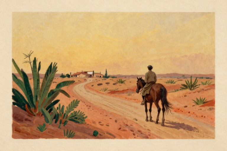 Two travelers walking a dusty road under a wide golden sky.