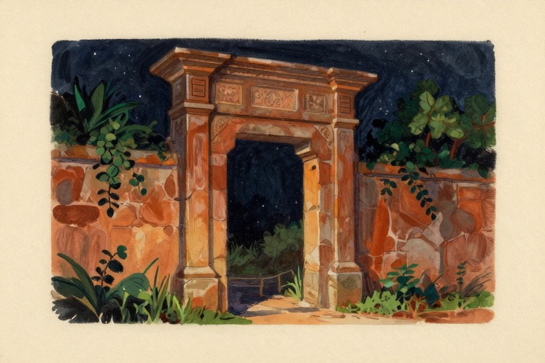 An ancient carved stone gateway opening onto a starry night sky.