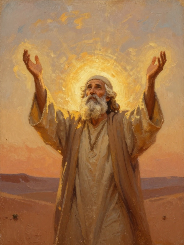 A painting of an elderly bearded desert monk in a rough robe, standing in the desert at dawn with both arms lifted and palms open, a golden radiance surrounding him and burning brightest around his open hands.