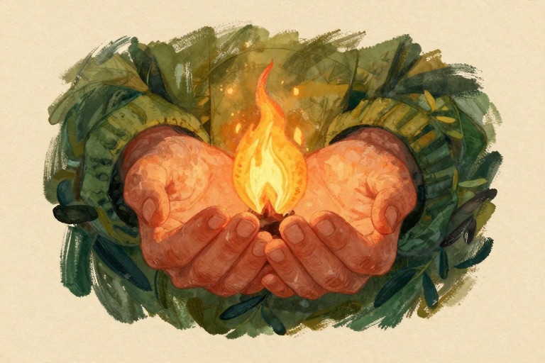 Two hands gently cupping a small warm flame.