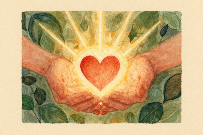 Open palms holding a softly radiant heart.