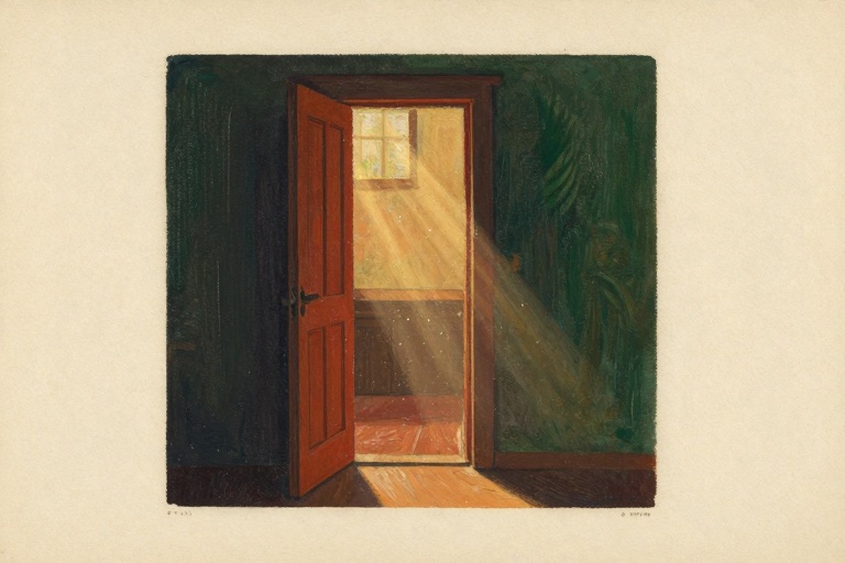 Warm light streaming through an open wooden doorway into a dark room.