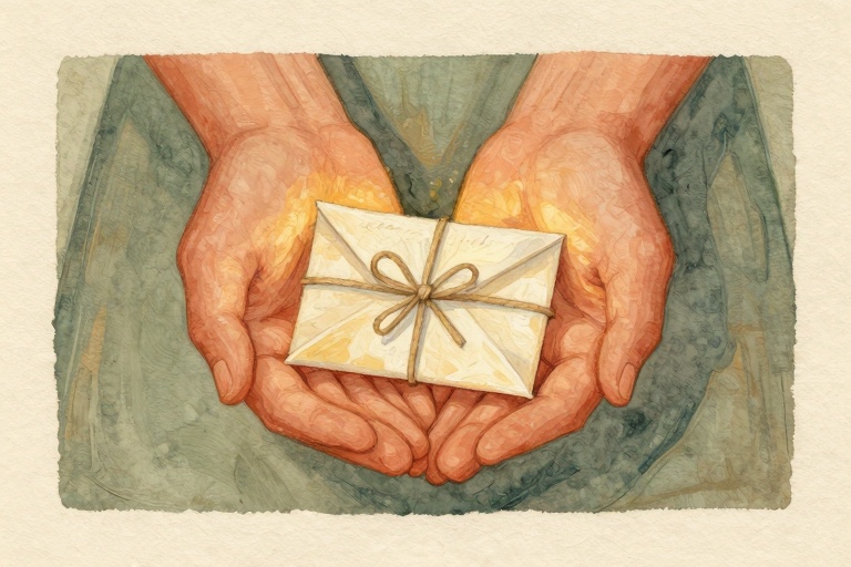 Two cupped hands offering a small envelope tied with twine.