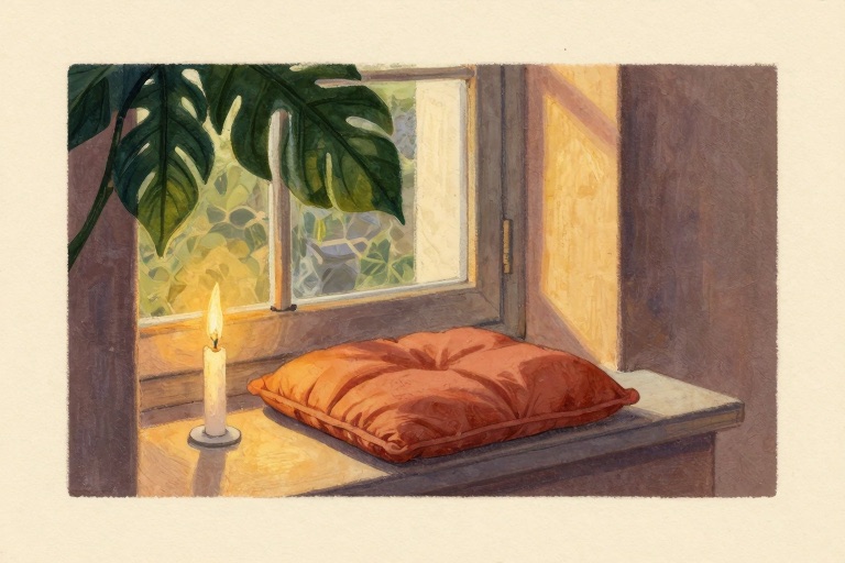 A meditation cushion by a sunlit window, a lit candle on the sill.