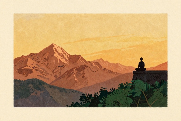 Himalayan peaks at dawn, a lone figure seated in meditation on a ledge.