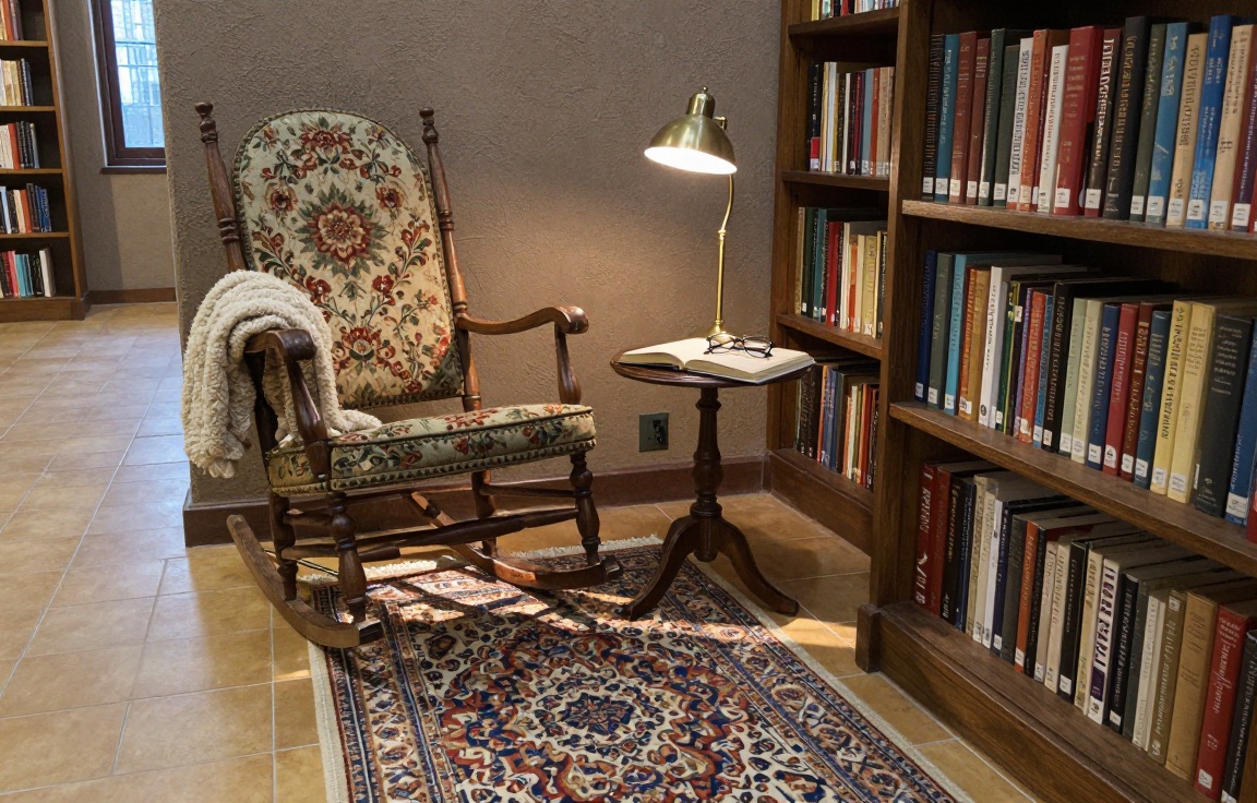 A reading nook: an antique rocking chair with floral tapestry upholstery beside a glowing brass reading lamp, on a patterned rug over a honey-colored tile floor, against a plain plaster wall with tall oak bookshelves off to either side.